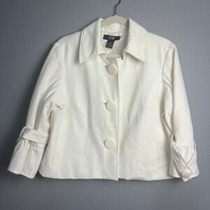 DM New York Ivory Cropped Jacket Blazer Large 3/4 Sleeve‎ Button Front Flare SL